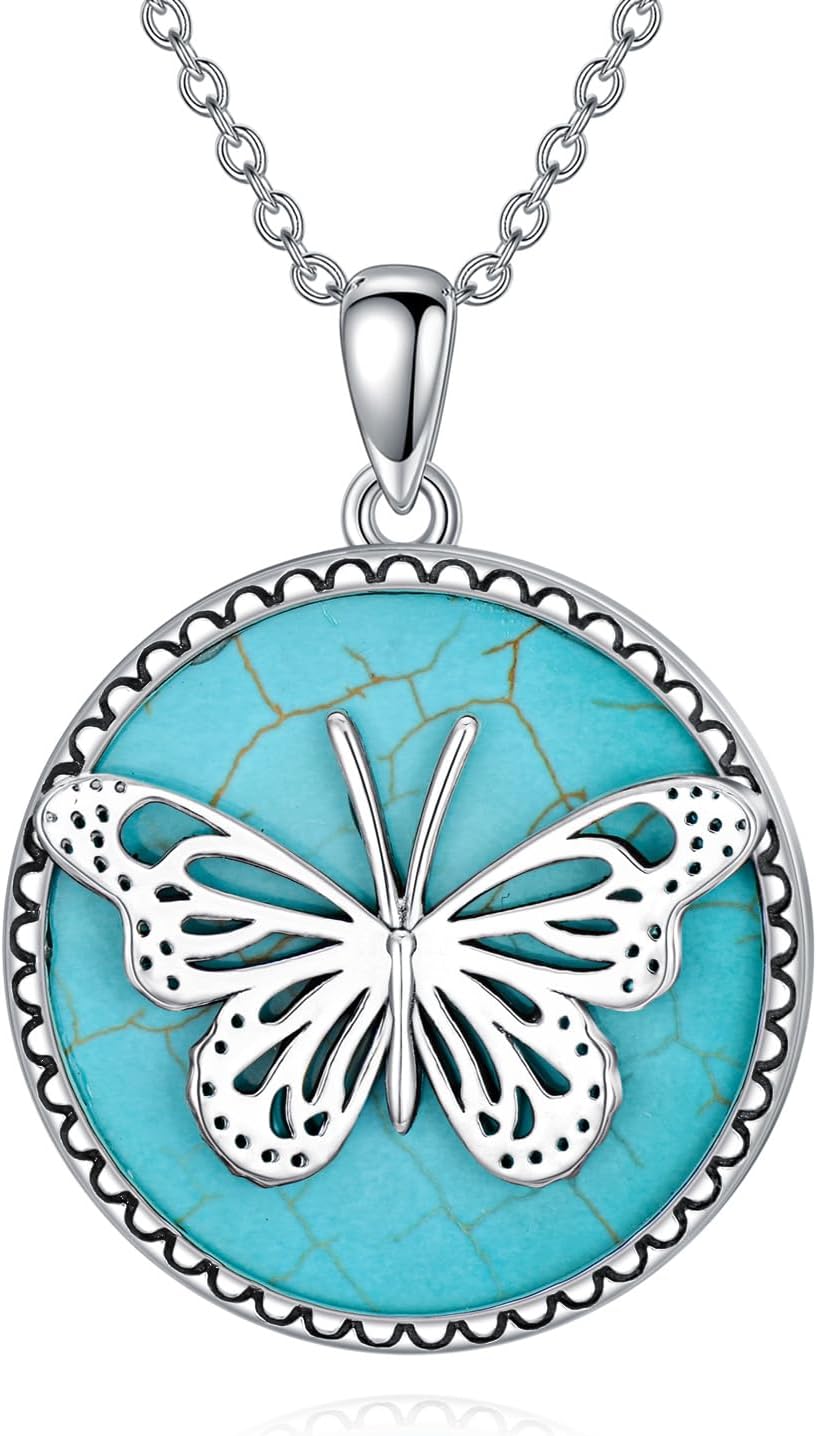Real Turquoise Butterfly Necklace 925 Sterling Silver Gemstone Flying Butterfly Pendant Western Jewelry Gifts for Women