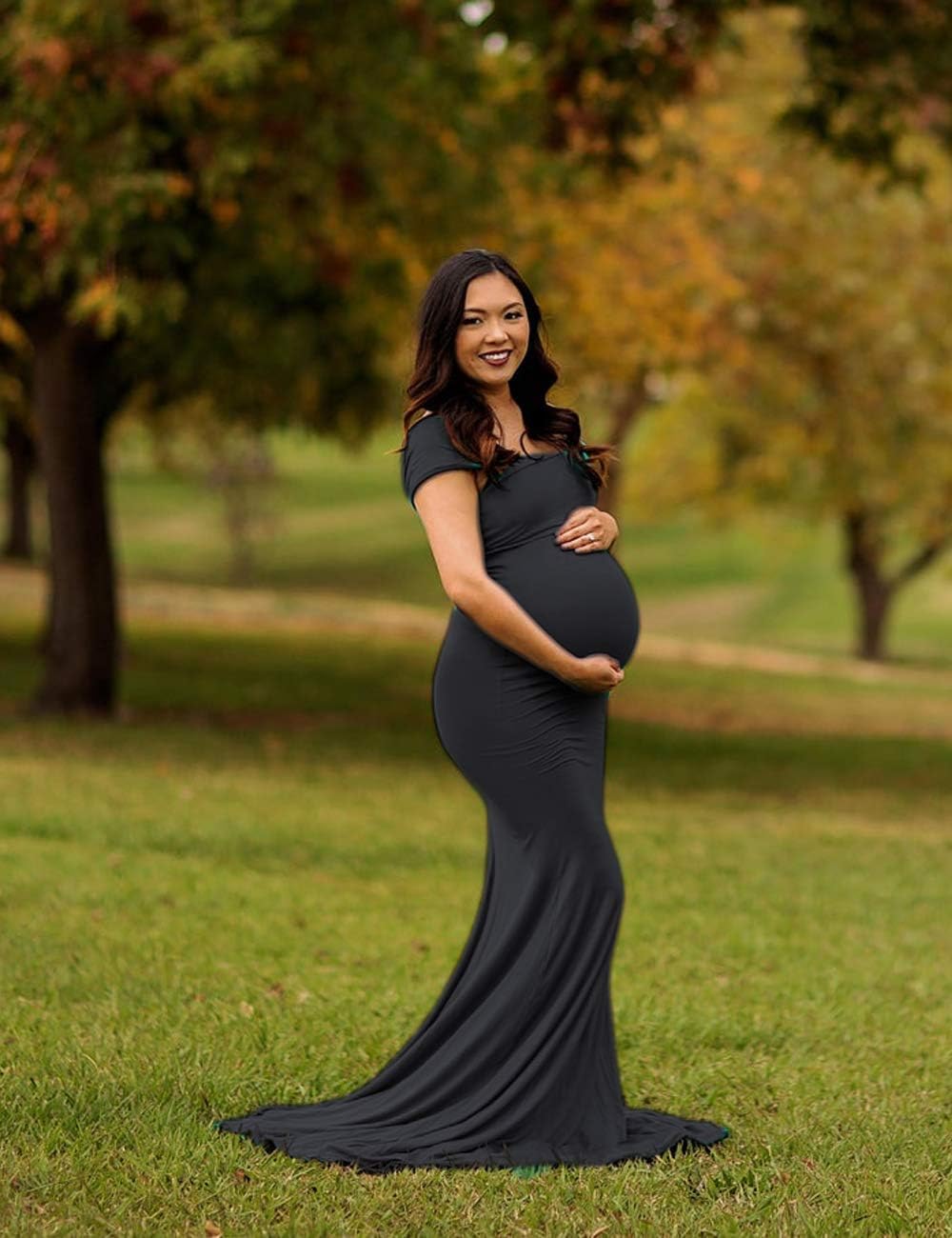 JustVH Maternity Elegant Fitted Maternity Gown Short Sleeve Cross-Front V Neck Slim Fit Maxi Photography Dress for Photoshoot