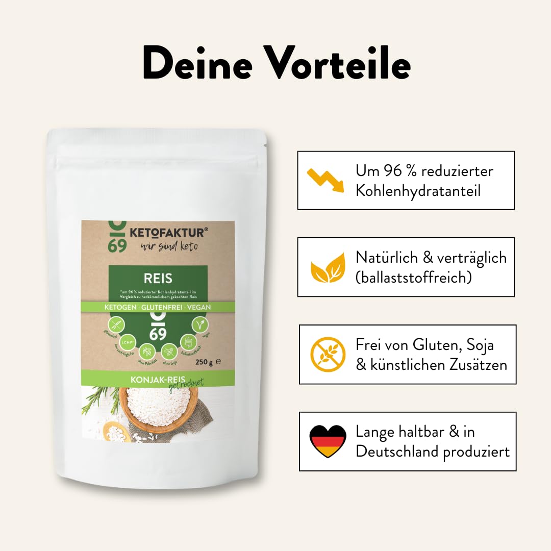 Konjak-Reis getrocknet No69 - Keto & Low Carb Shirataki Reis - Konjac Rice ohne Zusatzstoffe, glutenfrei, vegan, ballaststoffreich - auch als Milchreis oder Reisersatz - 5er Pack (insg. ca. 1250g)