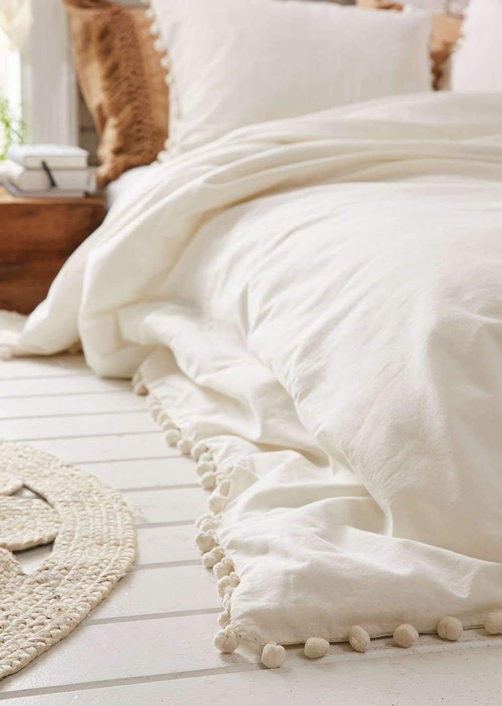 Flber White Pom-Fringe Duvet Cover King Queen Queen Size 86in x 90in
