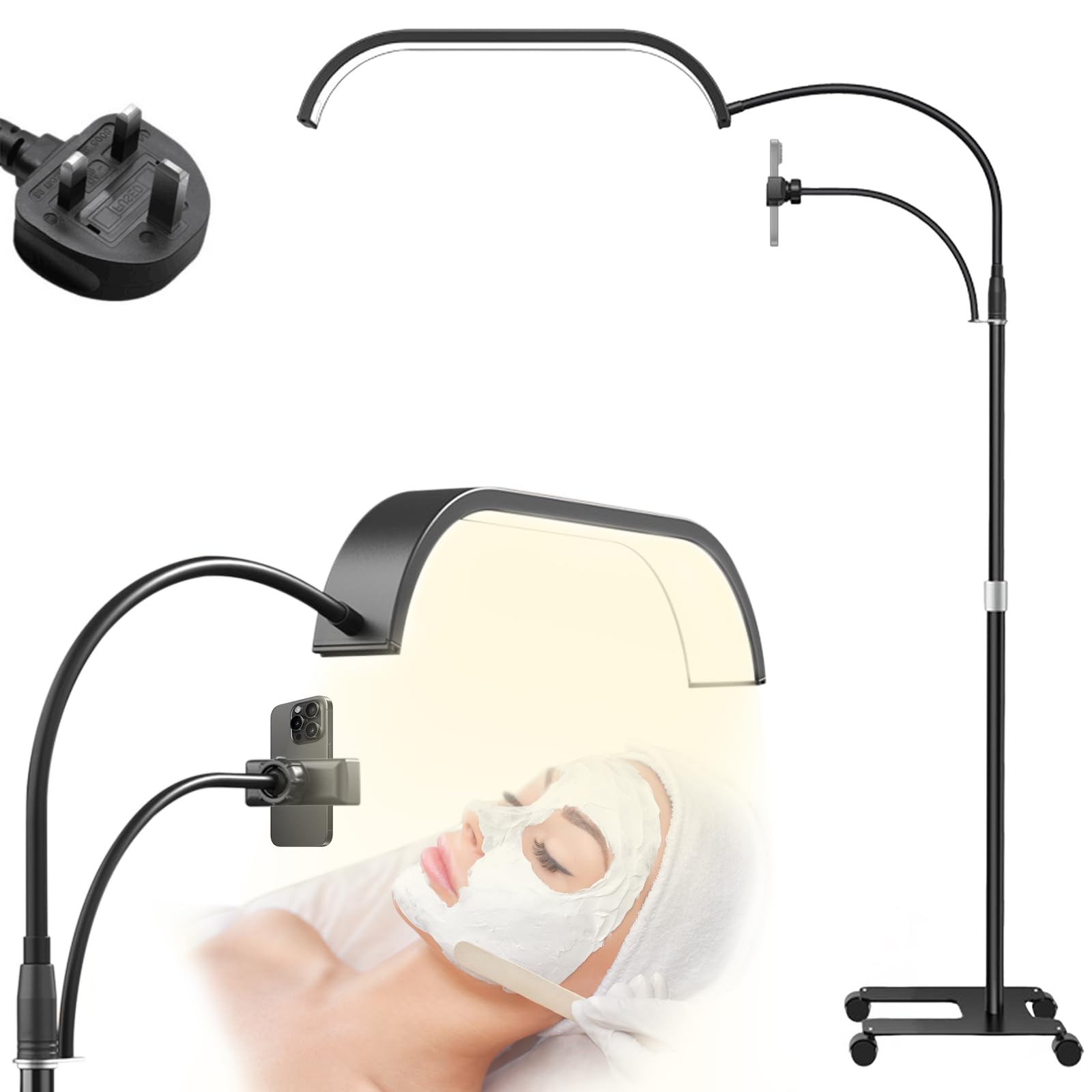 Lash Light for Eyelash Extensions, 2 in 1 Half Moon LED Lamp Lash Light, Mutifunction Esthetician, Alu Floor Lamp with Phone Holder & 50cm Swing Arm&Stepless Dimming,Wheel Stand (Black)