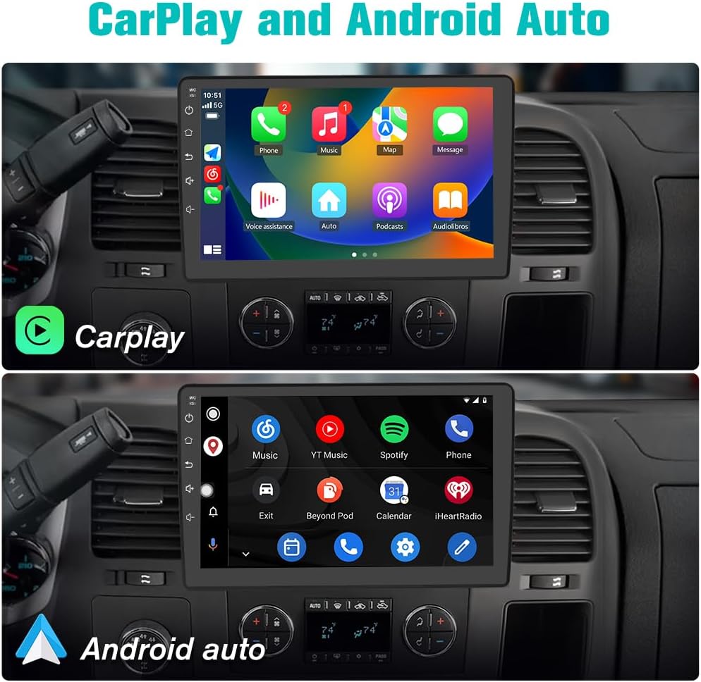 CarPlay and Android Auto interfaces displayed on the car radio