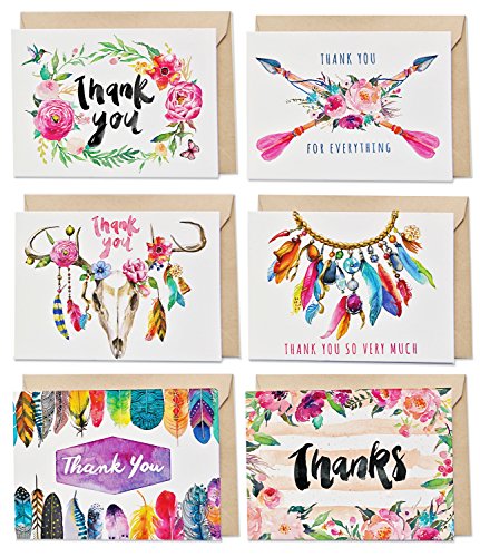 36 Boho Thank You Cards Bulk Assortment – 6 Unique Designs with Blank Inside – 4 x 6 Inch Cards Includes 36 Kraft Envelopes (no adhesive) and 36 Boho Heart Stickers | SPUNKYsoul Designs