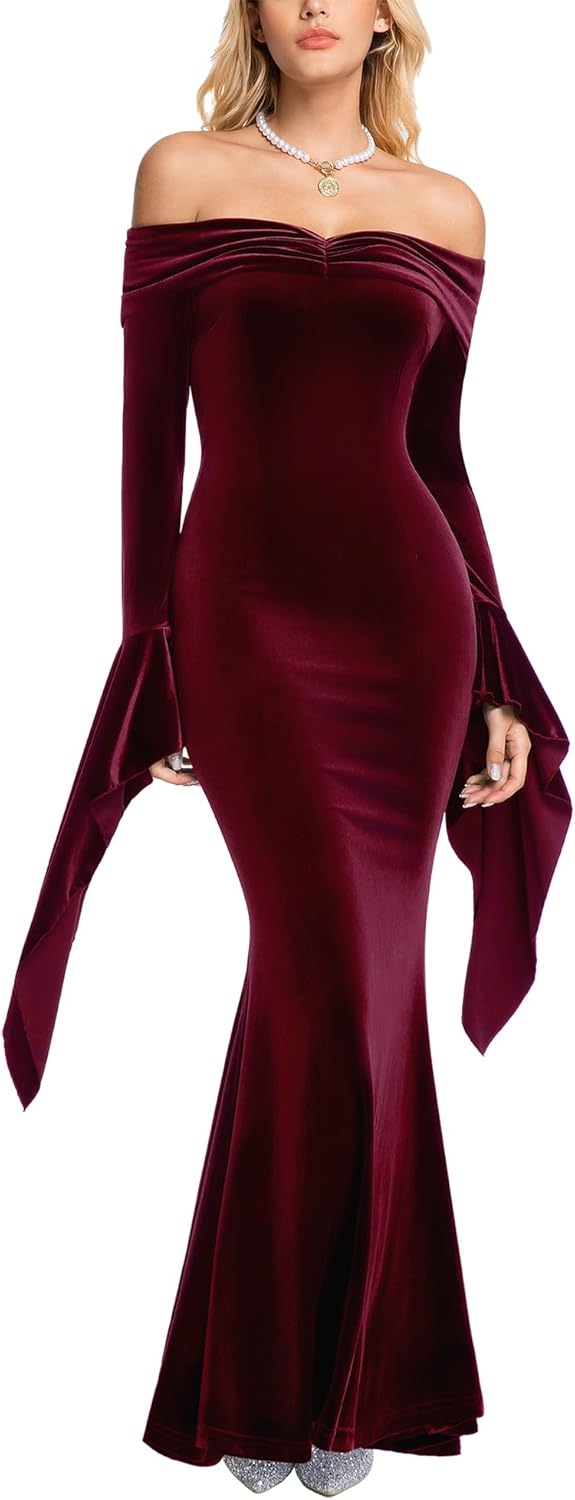 Women Off The Shoulder Floral Lace Maxi Wedding Dress Long Bell Sleeve Mermaid Gown for Formal Party - Image 3