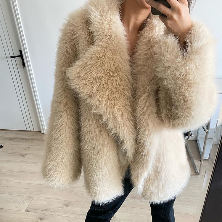 Shaggy Overcoat Outerwear Beige Faux Fur Warm Coat Women's Fashion Puffy Fur Jacket Sweater - Image 4