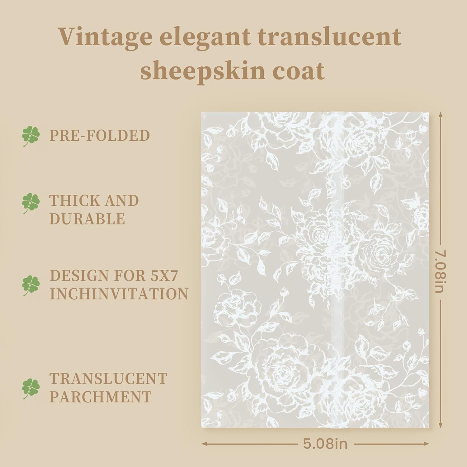 Vellum Jackets for 5x7 Envelopes for Invitations Wedding Envelopes Vellum Paper Kit Sleeves Pre-Folded Floral Wraps Jacket Wildflower for Craft (White Rose, 50)