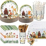 122 Pcs Woodland Creatures Baby Shower Decorations Jungle Paper Plate Safari Disposable Cup Forest Animal Plastic Tablecloth for Baby Shower Decorations, Forest Animal Tableware Set Serves 24