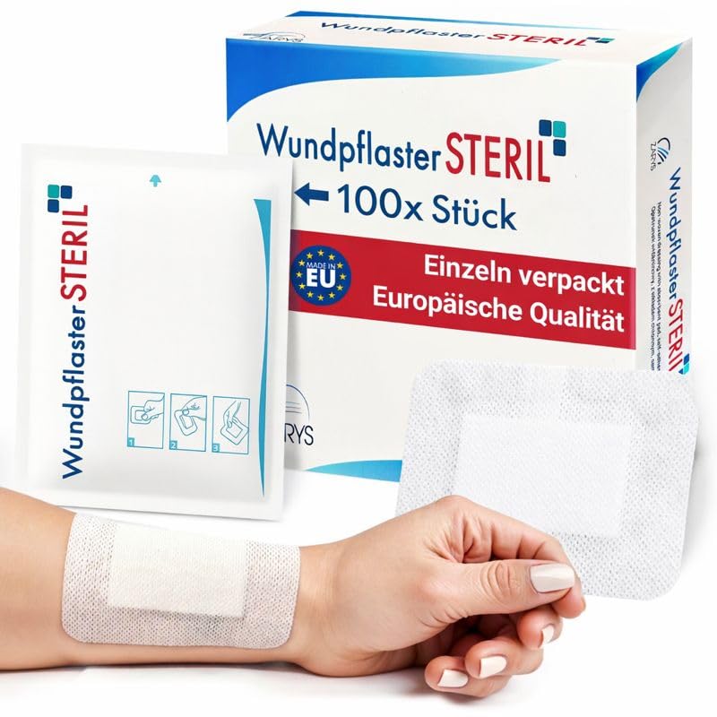MedTreu Wundpflaster steril 5x7,2 cm – 100 Stück einzeln verpackt | Selbstklebender Wundverband mit saugfähigem Pad | Pflaster für empfindliche Haut, atmungsaktiv &wundauflage