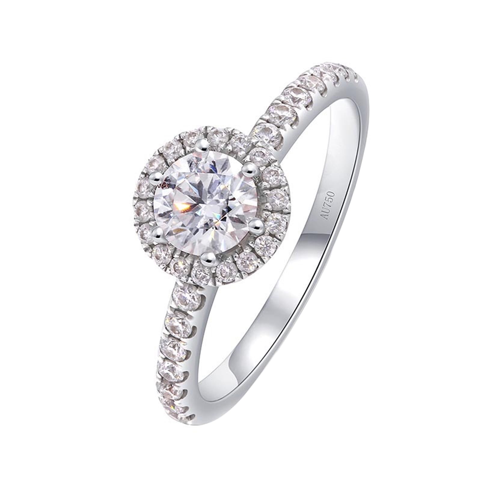 Anillo de boda para mujer, oro blanco, corte redondo, halo cultivado en laboratorio, anillos de compromiso de oro de 14 quilates/18 quilates, 0,5 quilates para ella