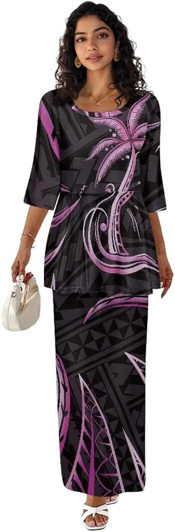 Puletasi Samoa Maxi Dresses for Women 2 Piece 2025 Trendy Loose Fit Vacation Half Sleeve Neck High Waist