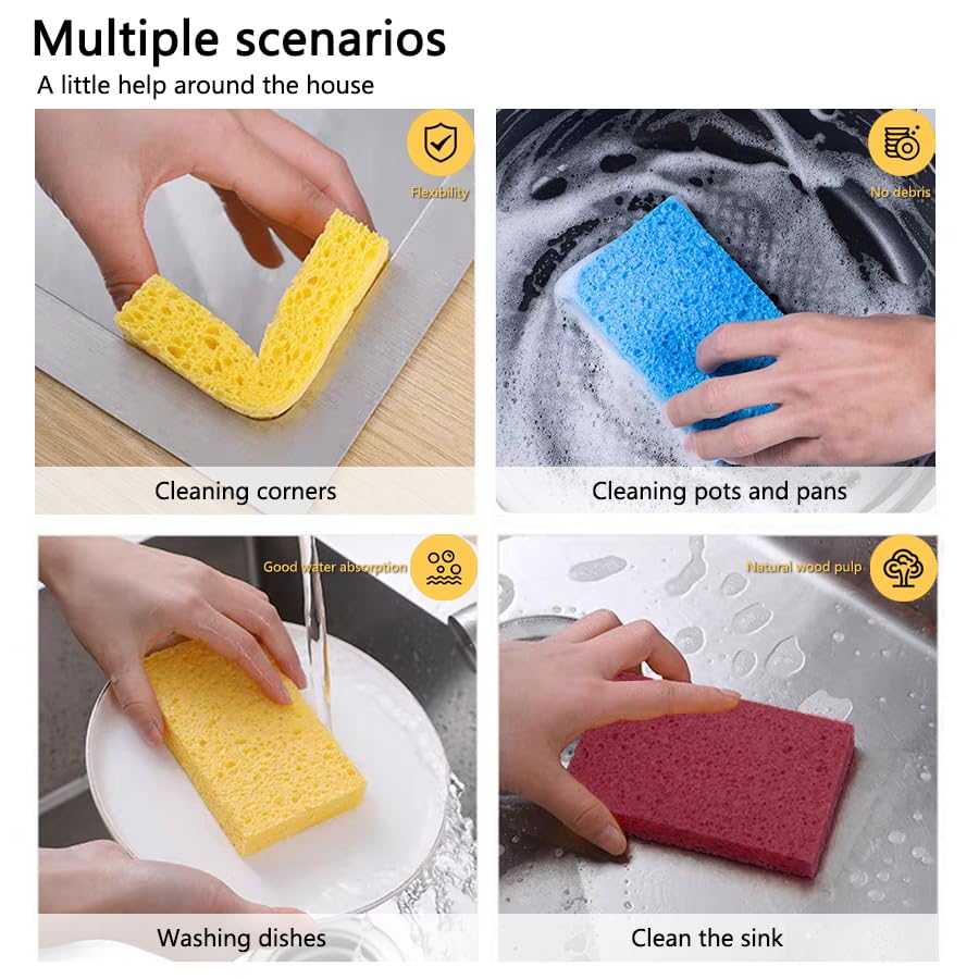 Image of Kaufibre Heavy Duty Cellulose Kitchen Sponges - Scratch-Free Super Absorbent for Dishes, Cast Iron Pans & Cookware, Reusable Multi-Surface Easy Rinse 3-Pack