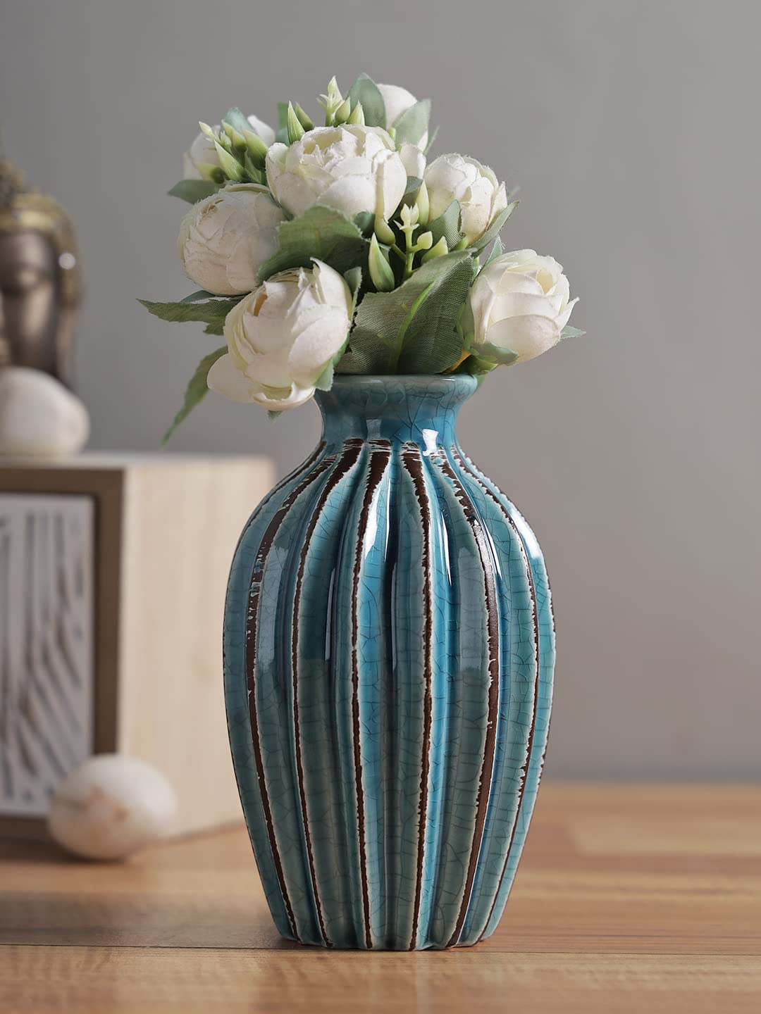 TAYHAA Handcrafted Blue Ceramic Flower Vase for Home Decor Living Room Office | Beautiful Flower Vase for Gifting (Blue, 8L x 8W x 15H Cm)