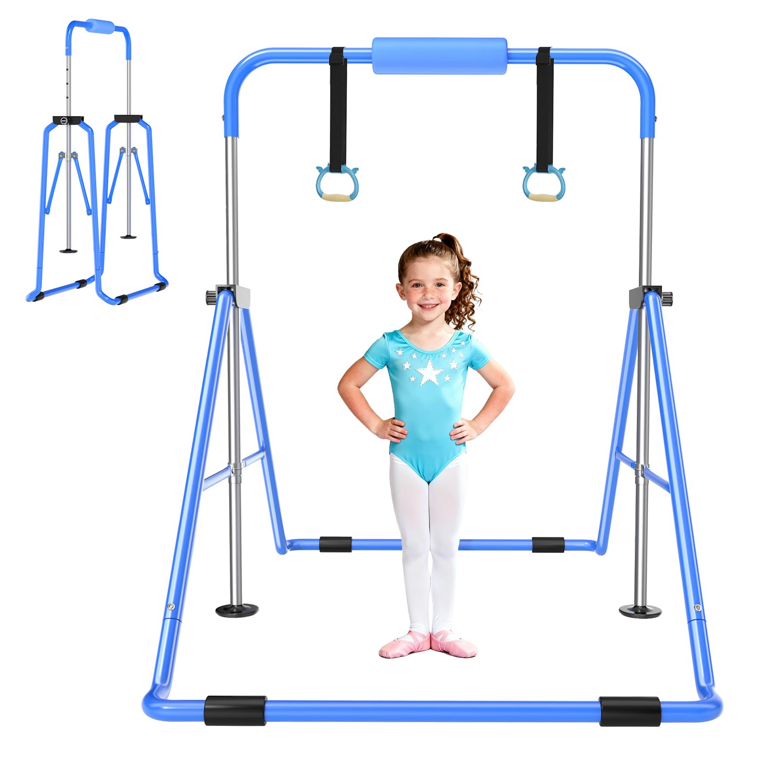 Safly Fun Kids Gymnastics Bar Foldable & Adjustable 35"-51", Safe Padded Gymnastics Bar for Kids, Sturdy 145 lbs Capacity, Easy-to-Assemble Gymnastics Equipment for Indoor/Outdoor Training