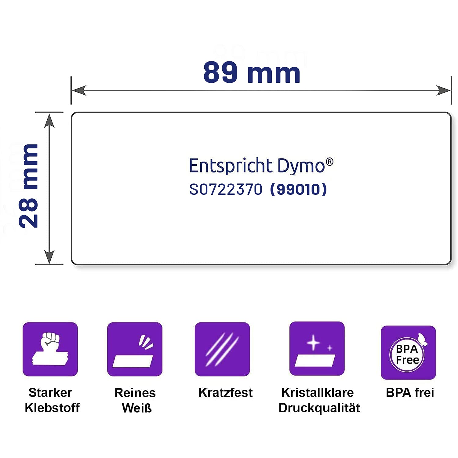 LEYF Etiketten für Dymo Labelwriter 99010 S0722370 89X28 mm 100 Rolle Pack Etiketten x 130 St. Je Rolle =13000 Etikette,Adressetiketten,Selbstklebend,Kompatibel für Dymo & Se 100X 99010