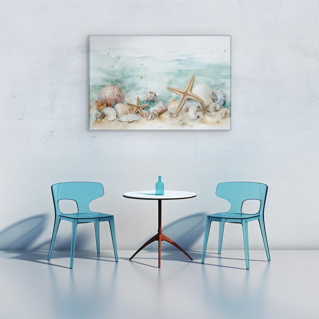 Canvas for Living room. Golden Sands and Ocean Treasures: A Serene Beach Tapestry, 27 x 18 inch Canvas Wall Art - Ready to Hang