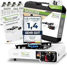 GREEN CAMP® Gaskocher inkl. 4 Kartuschen - Campingkocher mit Piezozündung - Camping Gaskocher stufenlos regulierbar - Gaskocher Camping 1-Flammig