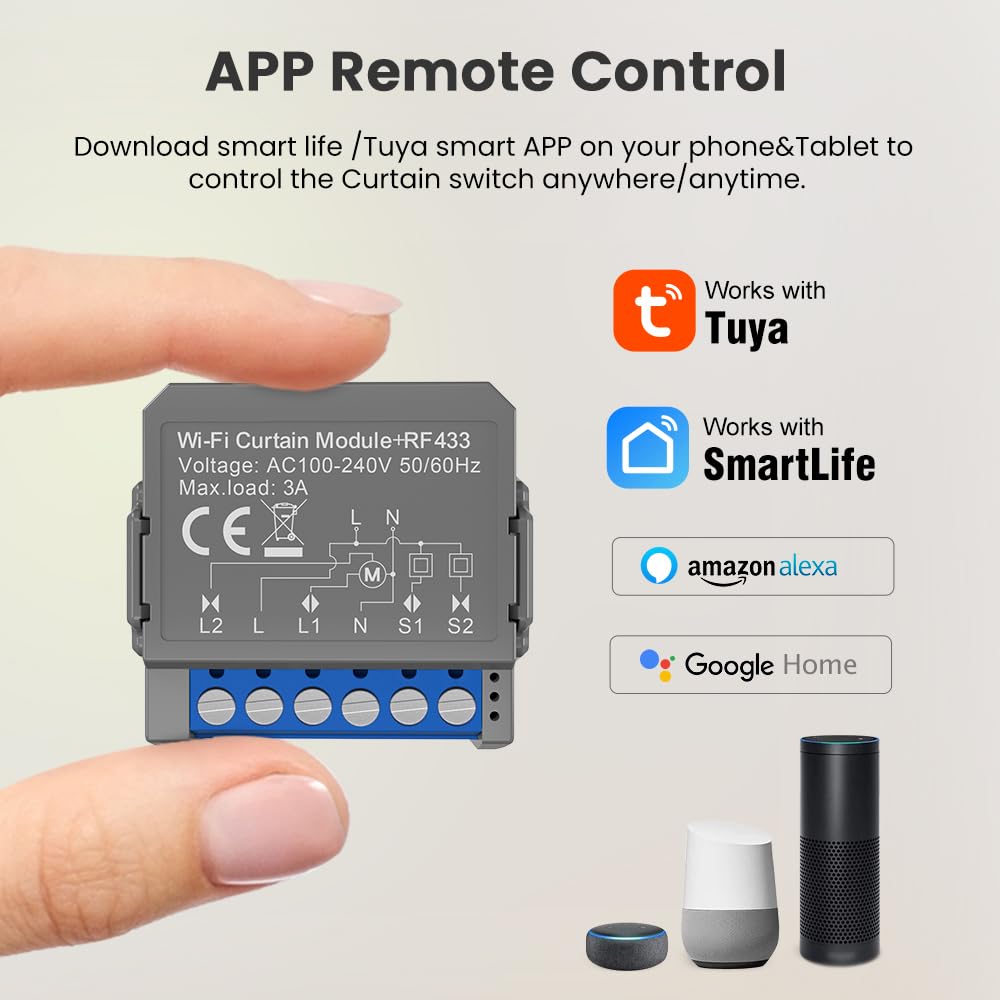 Jemora Tuya WiFi Intelligentes Vorhangschaltermodul Kompakte Zeitsteuerung für zu Hause Sprachsteuerung Drahtlose APP-Fernbedienung Vorhangschaltermodul Kompatibel mit Home und