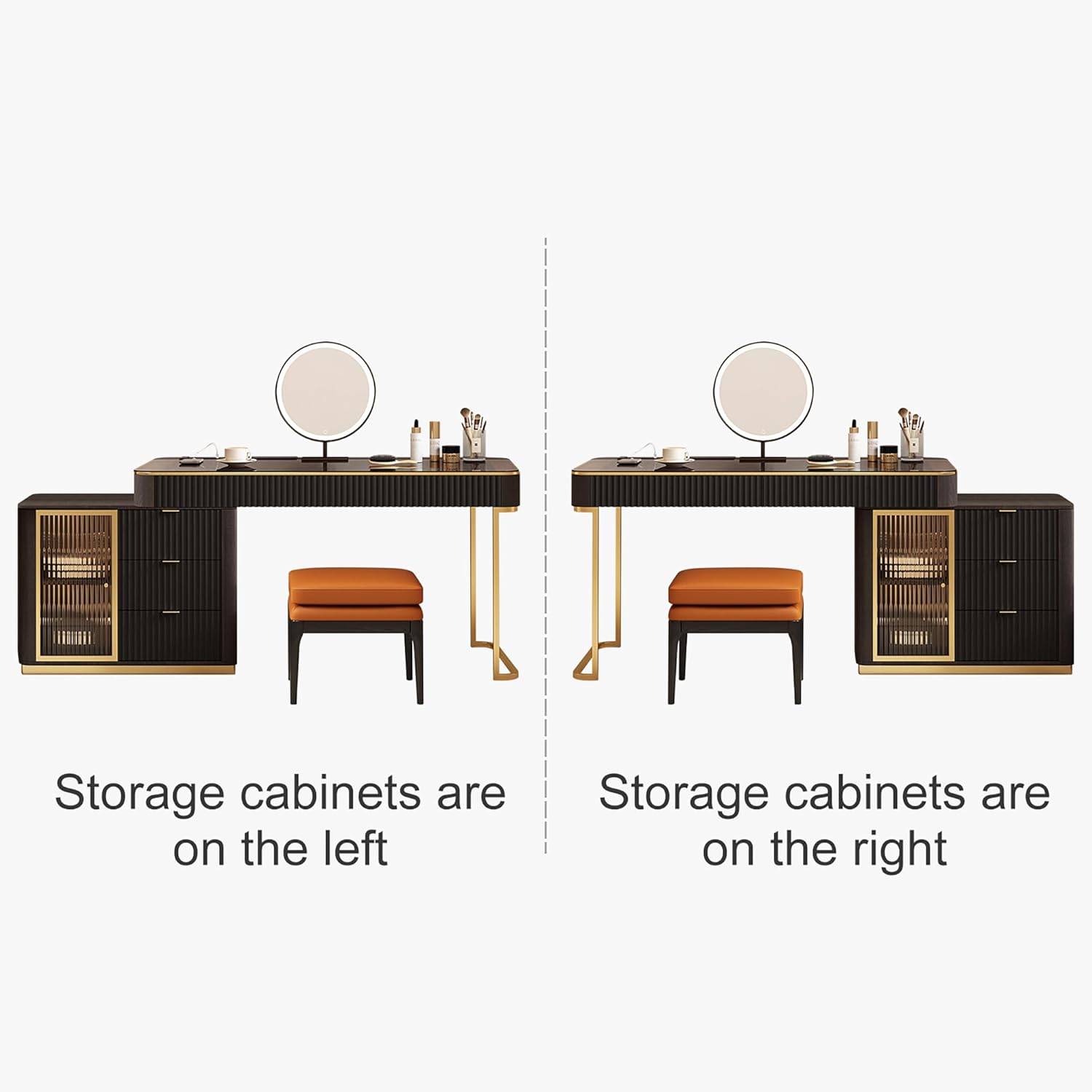 Larits Makeup Vanity, Very Easy to Assemble，Dressing Table Desk in one, Super Storage, with LED Light Vanity Mirror with ash Full Solid Wood upholstered Vanity Stool (Black Brown, 50 in)