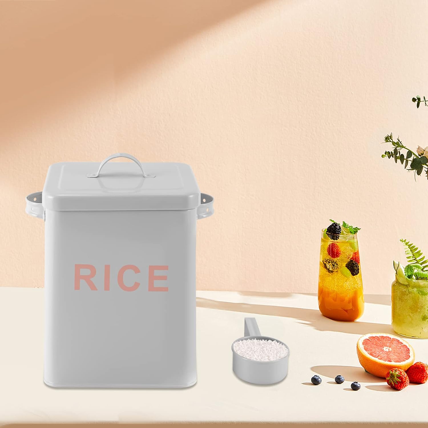 6L Metal Rice Storage Container, Countertop Sealed Food Storage Container,Square Rice Canister With Lid And Measuring Scoop for Rice, Flour, Sugar, Grains