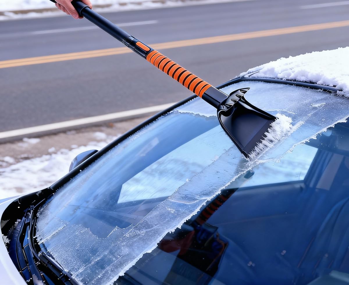 2-in-1 abnehmbare Auto-Schneebürste mit Eiskratzer, ausziehbare Schneeräumwerkzeuge für Auto, SUV, LKW, mit ergonomischem Schaumstoffgriff, drehbarer Bürstenkopf