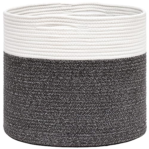 TIMEYARD Cotton Rope Baskets for Storage, 16'' x 14'' Blanket Storage for Living Room Dog Toy Basket, Dirty Laundry Basket for Clothes Towels Pillows, White & Grey
