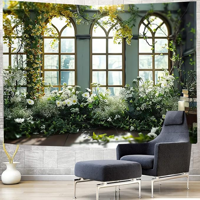 FENDROM Window View White Flower Tapestry Nature Landscape Classic Flower Vine Wall Hanging Party Decorations For Bedroom Living Room Dorm - Image 4