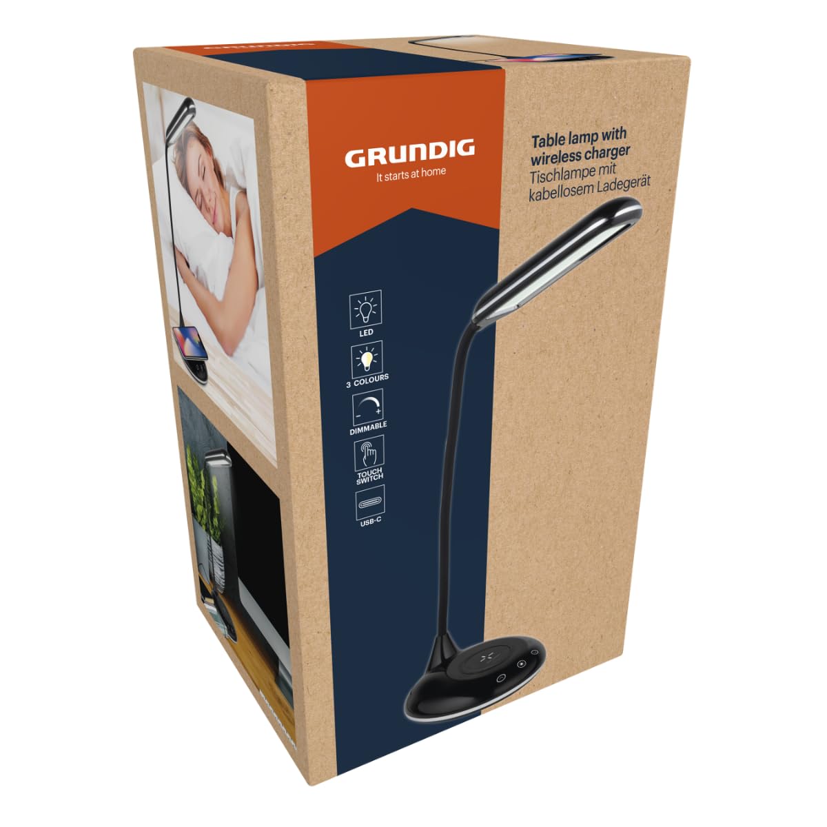 Grundig Lampa biurkowa z bezprzewodową ładowarką, dotykowa ściemnialna lampa LED, lampka nocna z 3 kolorami światła, USB-C - elastyczne ramię do regulowanego oświetlenia