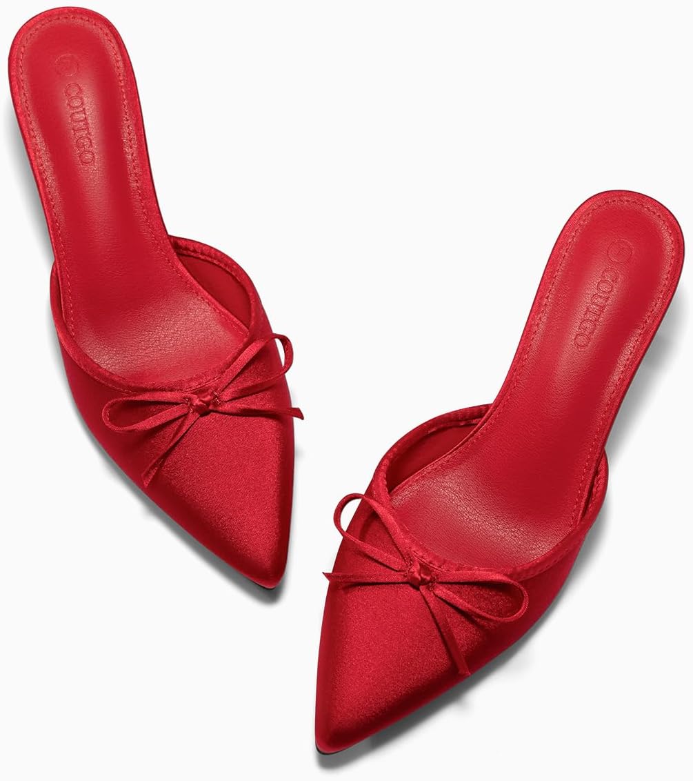 Coutgo Womens Kitten Heels Mules with Bow Satin Slip on Pumps Closed Pointed Toe Dress Wedding Party Shoes