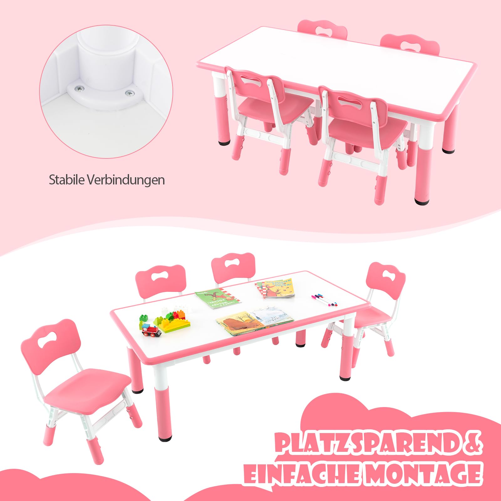 DREAMADE Kindertisch mit 4 Stühlen, Höhenverstellbares Kinder Tisch und Stuhl Set mit Graffititischplatte & rutschfesten Beinen, Kindersitzgruppe Kindermöbel für Kindergärten und Kinderzimmer (Rosa)