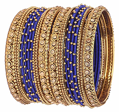 NMII Non-Precious Metal Base Metal With Silk Thread and Zircon Gemstone Studded Worked Linked Ball Chain Glossy Finished Bangles Set For Women and Girls,(RoyalBlue_2.2 Inches), Pack Of 20 Bangles Set