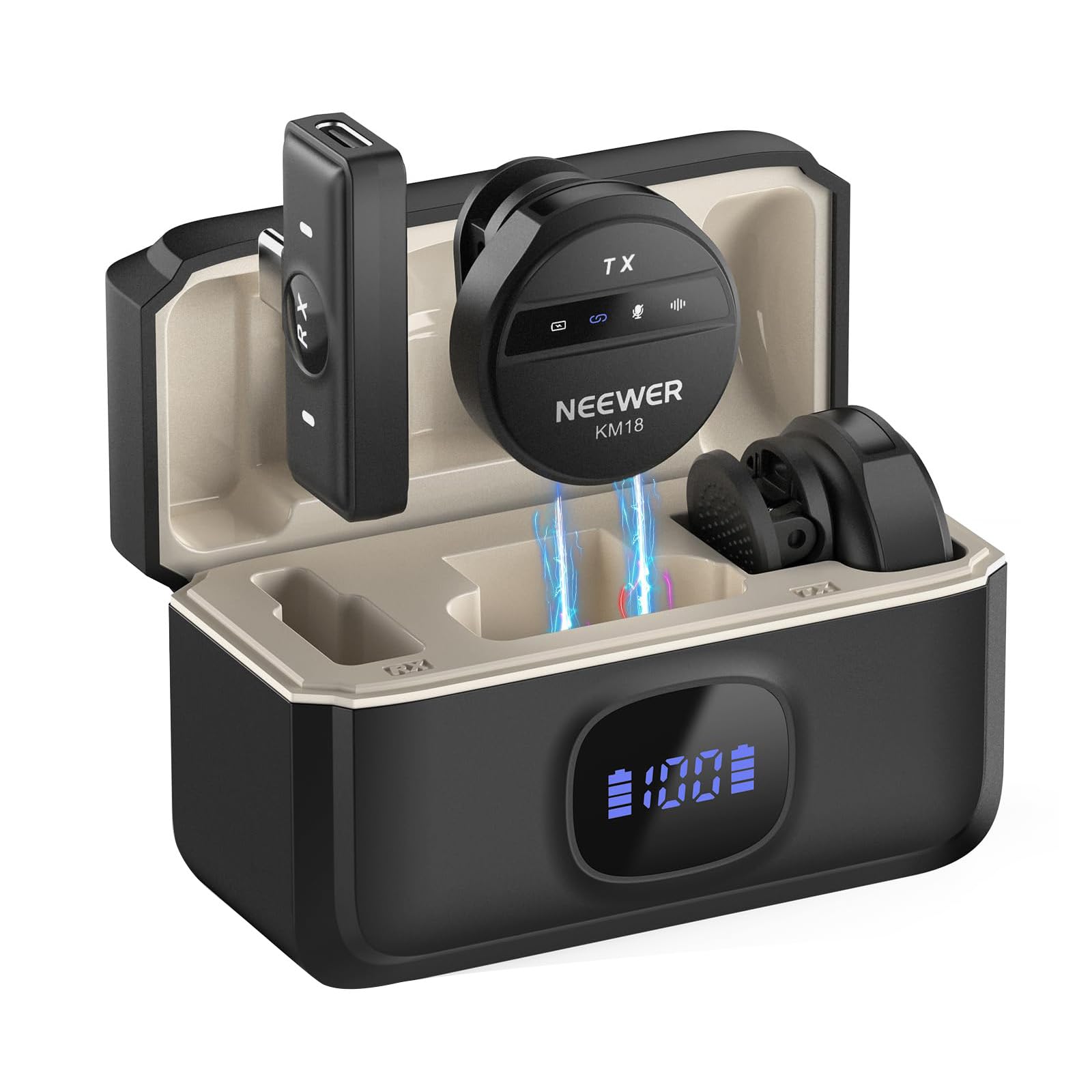 Neewer Microfono Lavalier Wireless per USB C con Custodia di Ricarica, Compatibile con iPhone/Android/PC/Laptop, Mini Mic a Bavero 48KHz/24Bit, Anti Rumore, Batteria da 24h per Vlog in Diretta, KM18
