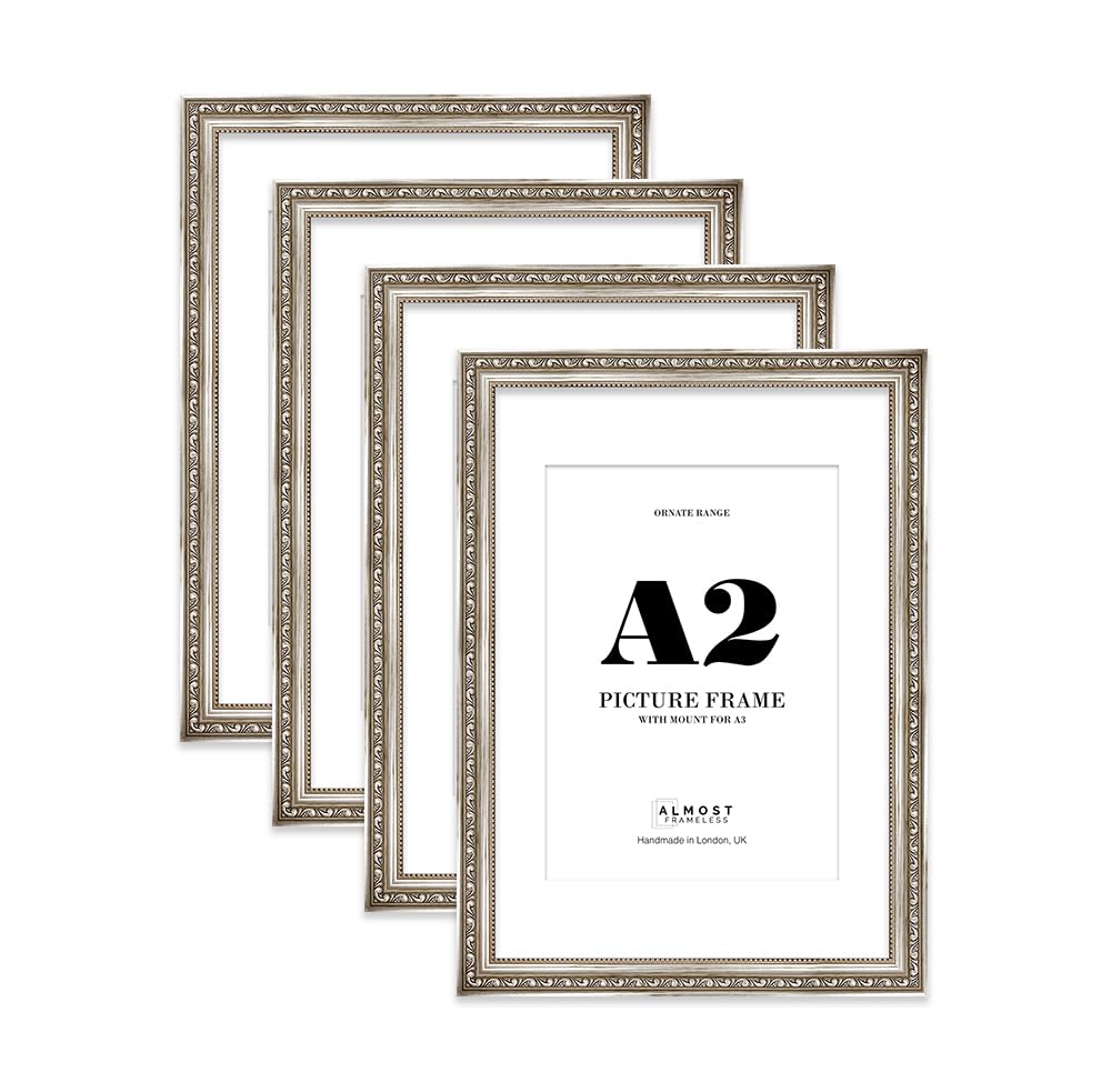 Silver Ornate Picture Frame A2 With A3 Mount for Photos - Wall Display, Landscape or Portrait, 4 Pack