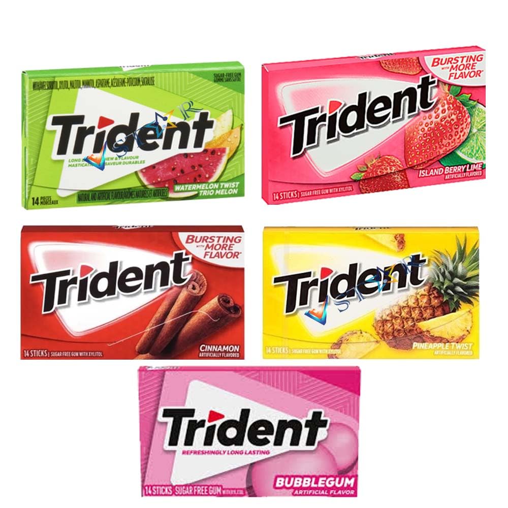 Triident Sugar Free Gum Variety Flavors Pack 14 Pieces | Bubblegum, Cinnamon,Island Berry,Watermelon Twist, Pineapple Flavors Gum (4, Random Mixed)