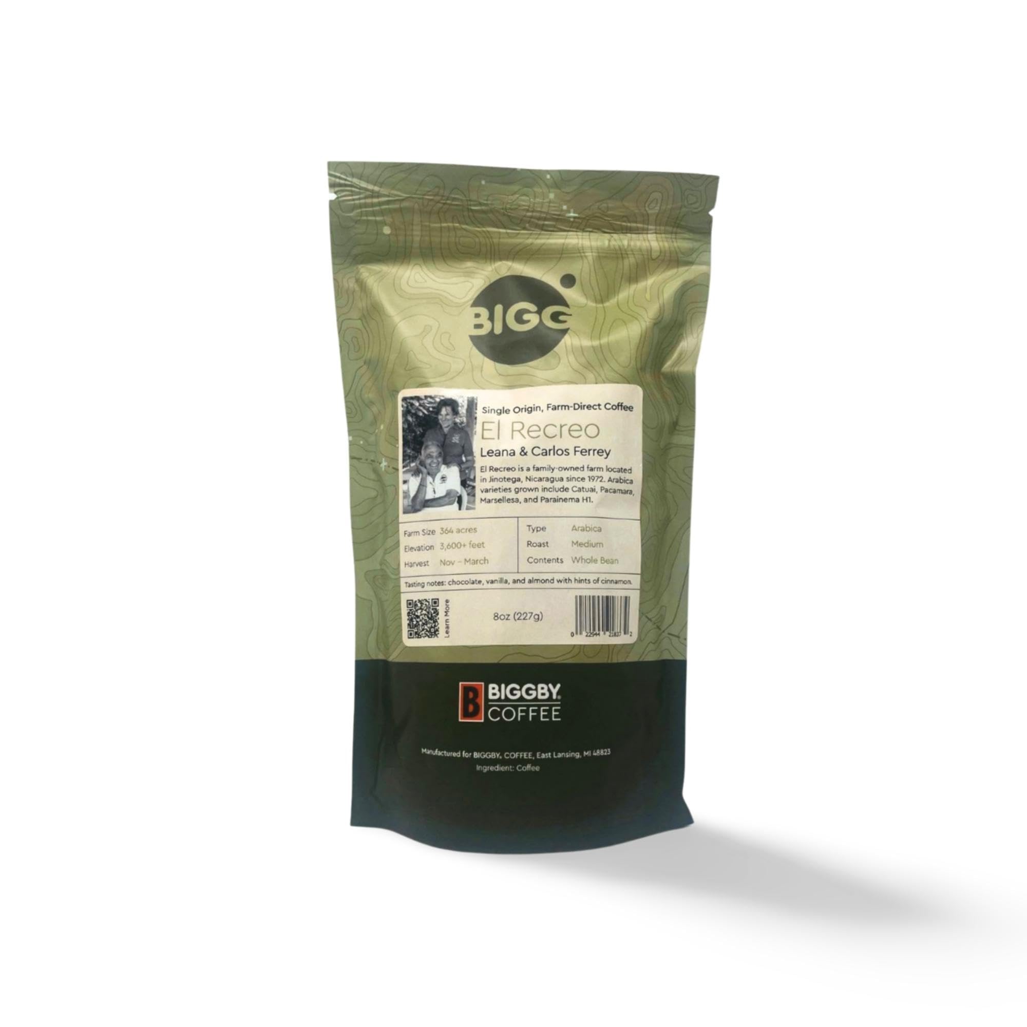 BIGGBY® El Recreo Whole Bean Coffee, 100% Farm-Direct, Single Origin, 8oz Bag, Medium Roast