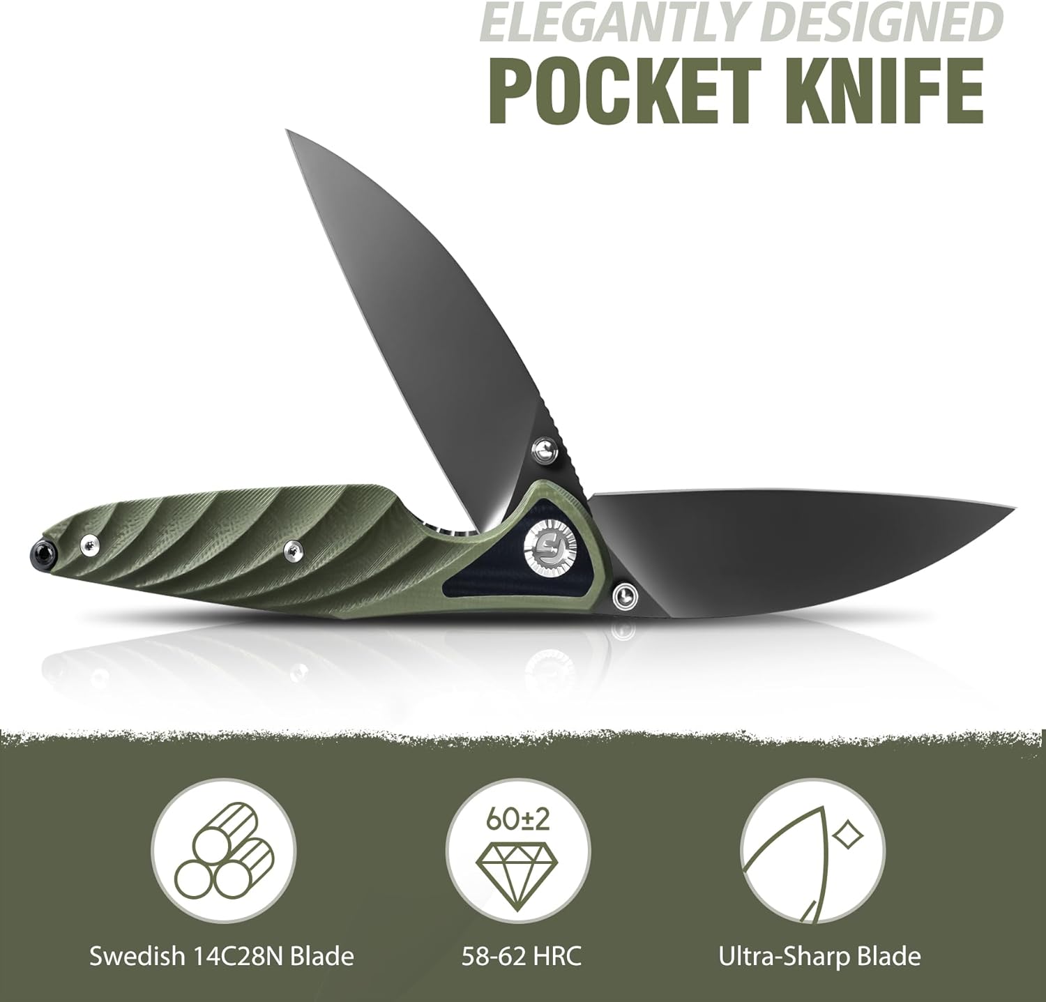 FINTISO Pocket Knife 3.15" Folding Knife Premium 14C28N Blade, Bicolour Green and Black G10 Handle Design with Liner Lock Pocket Clip for Men Women, Small EDC Knife for Camping, Hunting, Hiking, Survival and Outdoor Activities, Toucans Series