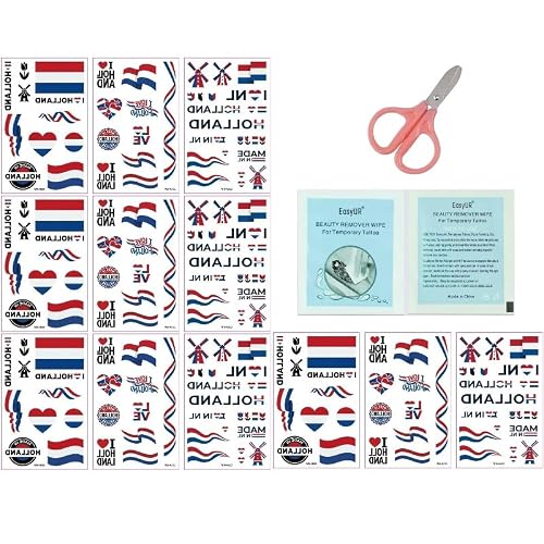 SAGEBIO Netherlands Flag Temporary Tattoos for Soccer Fans, 12 Sheets, 8 Alcohol Wipes and Scissors