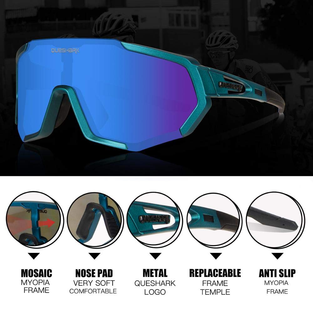 Queshark Occhiali da Ciclismo Polarizzati per Ccchiali TR90 con Montatura per Uomo Donna con 3 Lenti Intercambiabili Anti-UV400