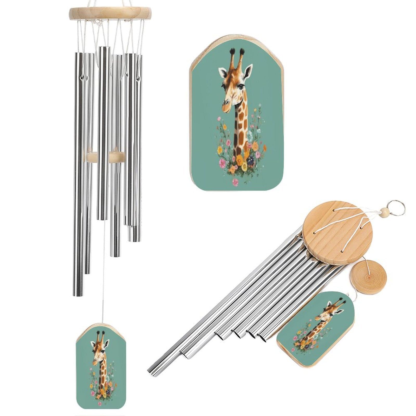 Fekiloot Style Giraffe With Flowers Tone Wind Chimes For Outside,Wind Bell With 6 Aluminum Alloy Tubes,Sympathy Wind Chime For Yard/Garden/Patio Decor
