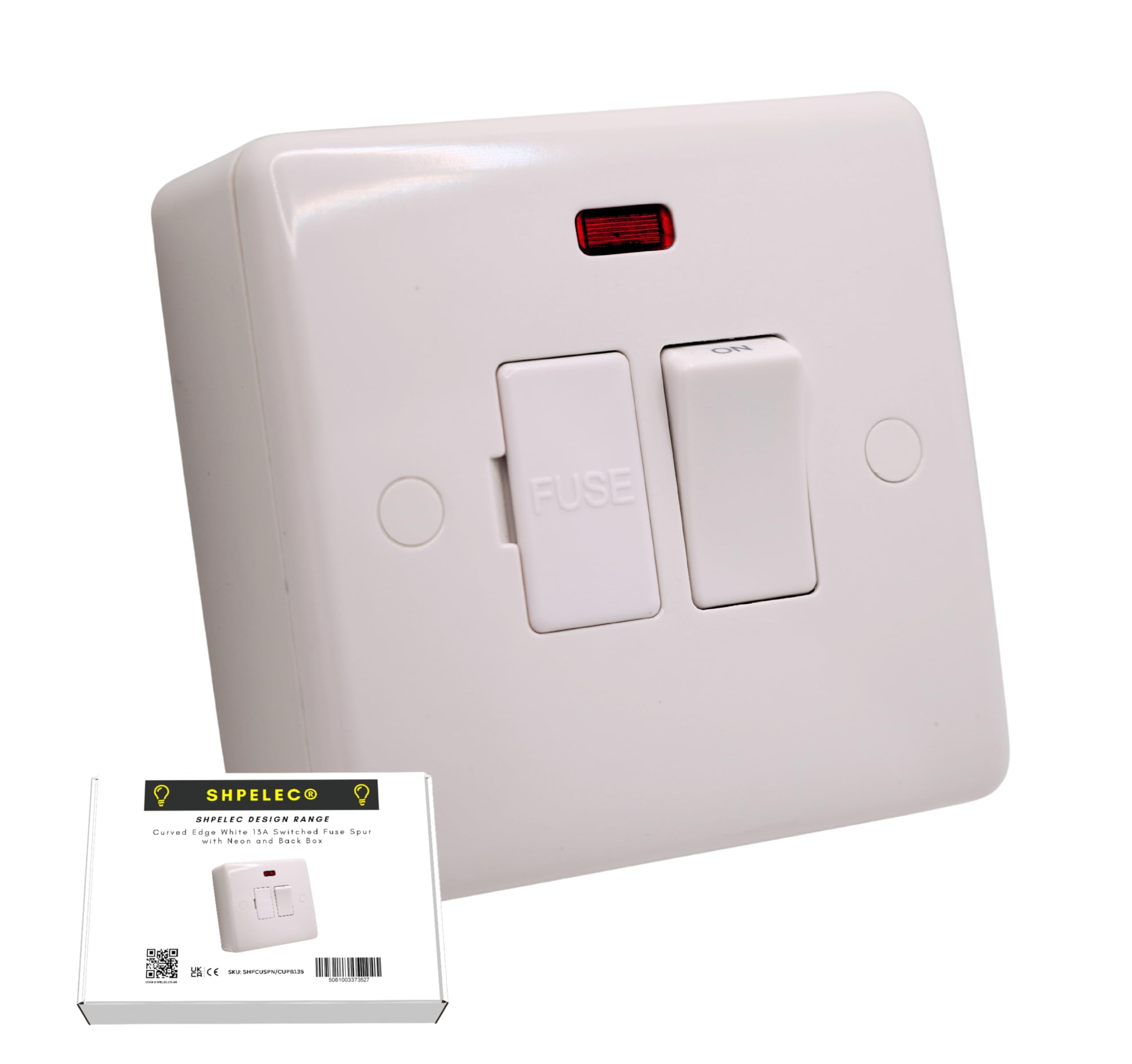 SHPELEC ® Premium Curved Edge White Electrical Sockets Range - Convenient and Versatile Power Solution (Fuse Spur with Neon + Back Box)