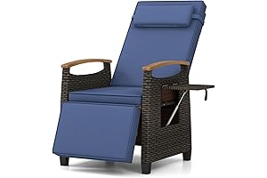 Tangkula Outdoor Patio Wicker Recliner Chair, Adjustable Push-Back Reclining Seat with Table for Relaxation