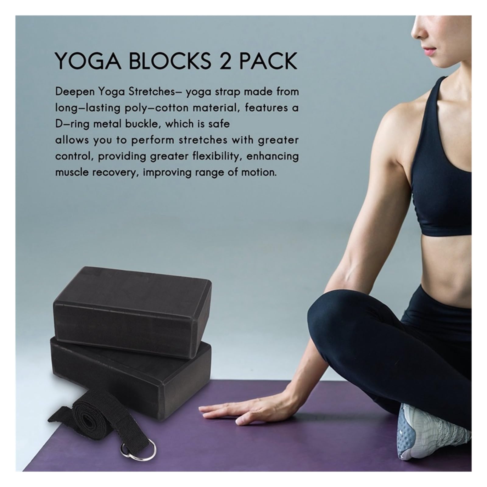 Yoga-Block und Yoga-Gurt-Set, Eva-Schaum, weich, rutschfest, Yoga-Blöcke, Pilates, Stretching und Straffungstraining