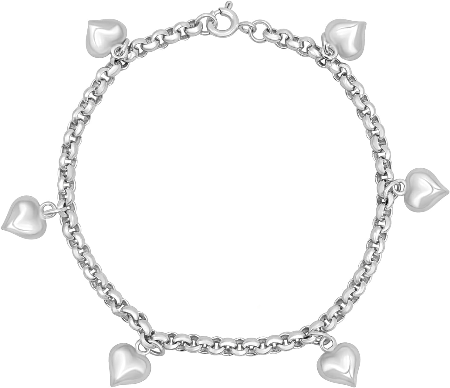 Silverly Sterling Silver Chunky Rolo Chain Bracelet With Puffed Heart Charms - Hanging Charm Bracelets for Women - Valentine's Day Gift for Her - Bridal Jewelry - Thick Chain Design
