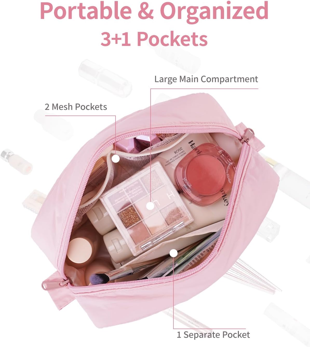 Narwey Pink Makeup Bag for Travel Women Girl, Quilted Cosmetic Bag Make up Organizer Bags with Compartments, Puffy Travel Toiletry Bag Toiletries (Pink) - Image 4