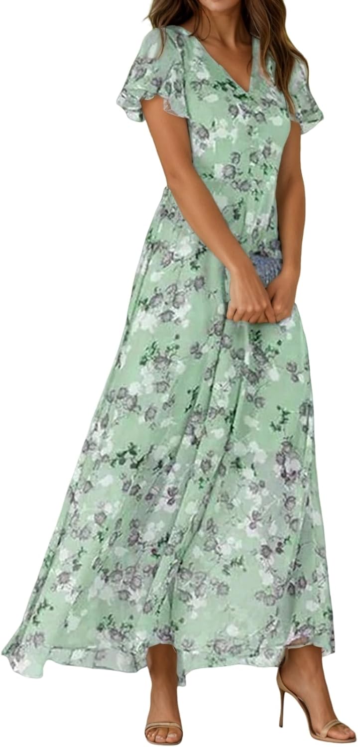 TIAFORD Women's Floral Chiffon Boho V Neck Beach Dress Summer Ruffle Short Sleeve Maxi Dresses for Beach Wedding Guest 2026