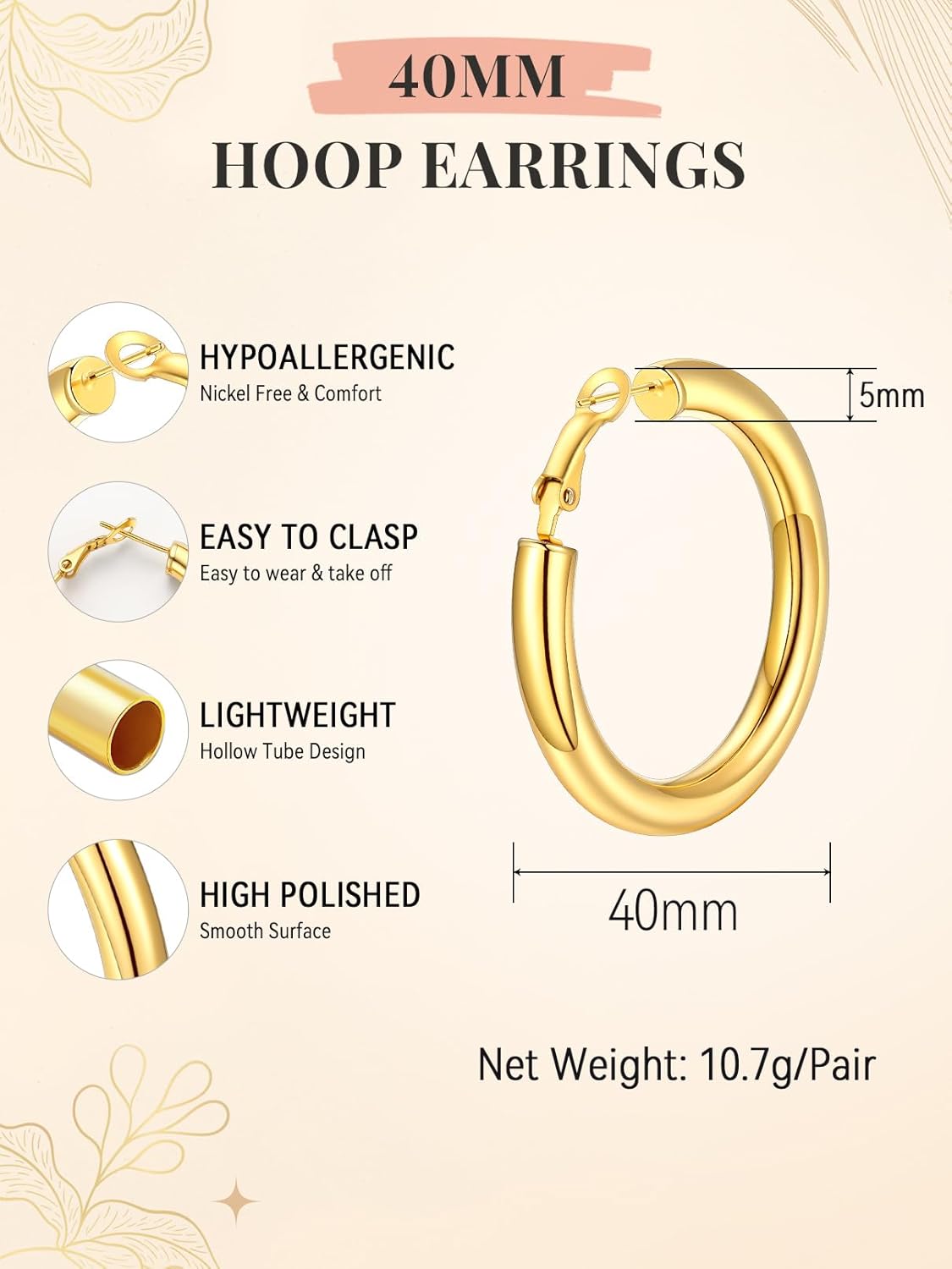 FaithHeart Chunky Hoop Earrings for Women, Silver/Black/14K Gold Plated Stainless Steel Earrings 5mm Thick Hollow Tube Hoops Hypoallergenic Lightweight Earring 20/30/40/50/60/70/80mm - Image 4