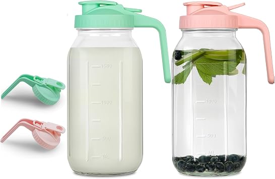 64 oz Glass Pitcher with Lid - 2 Quart Mason Jar Pitcher with Lid, Wide Mouth Airtight & Leakproof Glass Jar for Iced Tea, Juice, Breastmilk, Cold Brew, Sun Tea and Drinks