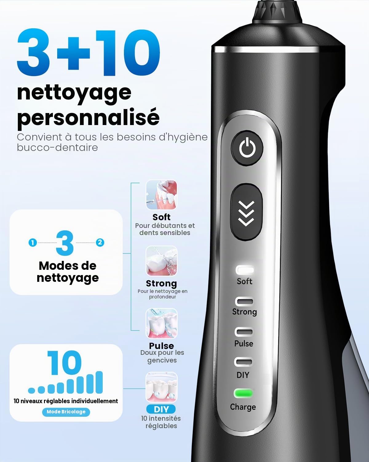 JTF Jet Dentaire Hydropulseur Oral - 300 ML Sans Fil Irrigateur, 3+1 Modes, Étanche IPX7 Water Flosser, Idéal pour Orthodontie, Appareil Dentaire, Gencives Sensibles Maison et Les Voyages(Noir)