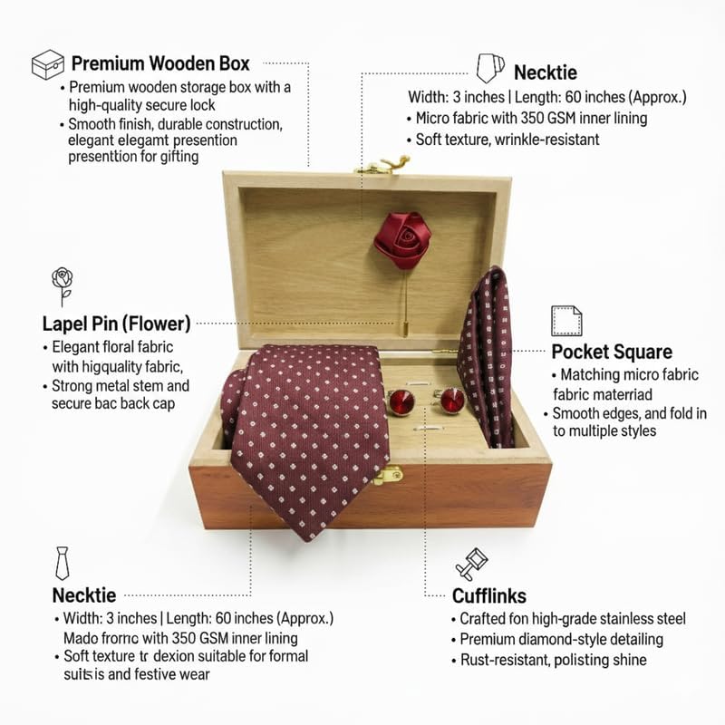 Image of Men's Necktie Gift Set with Wooden Box | Premium Tie, Pocket Square, Cufflinks & Lapel Pin | Elegant Formal Accessories Gift for Men