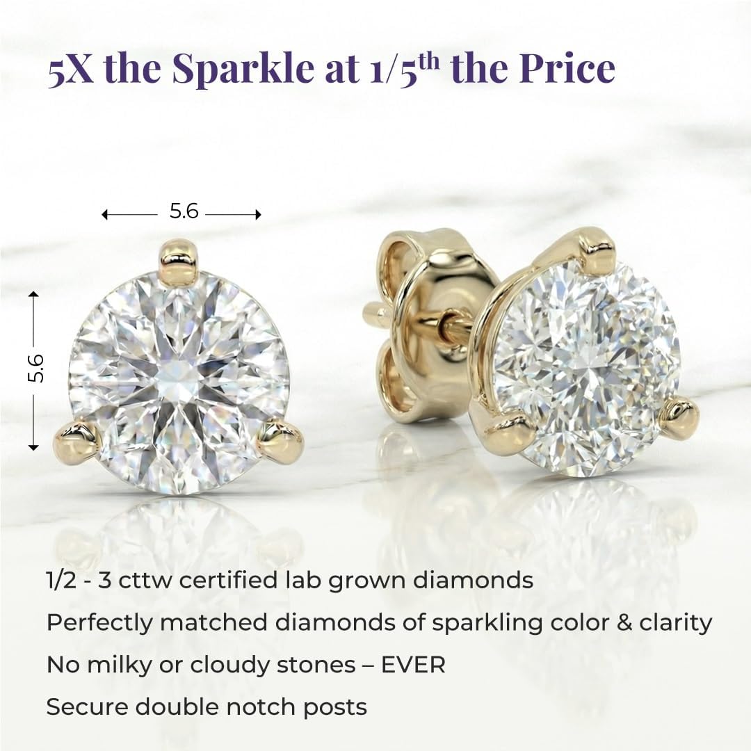 1/2-2 Carat Martini Set 3 Prong Lab Grown Diamond Stud Earrings | 10KT White or Yellow Gold | Double Notch Push Back Studs | Certified GH Color and VS SI Clarity by Gemologists - Image 3