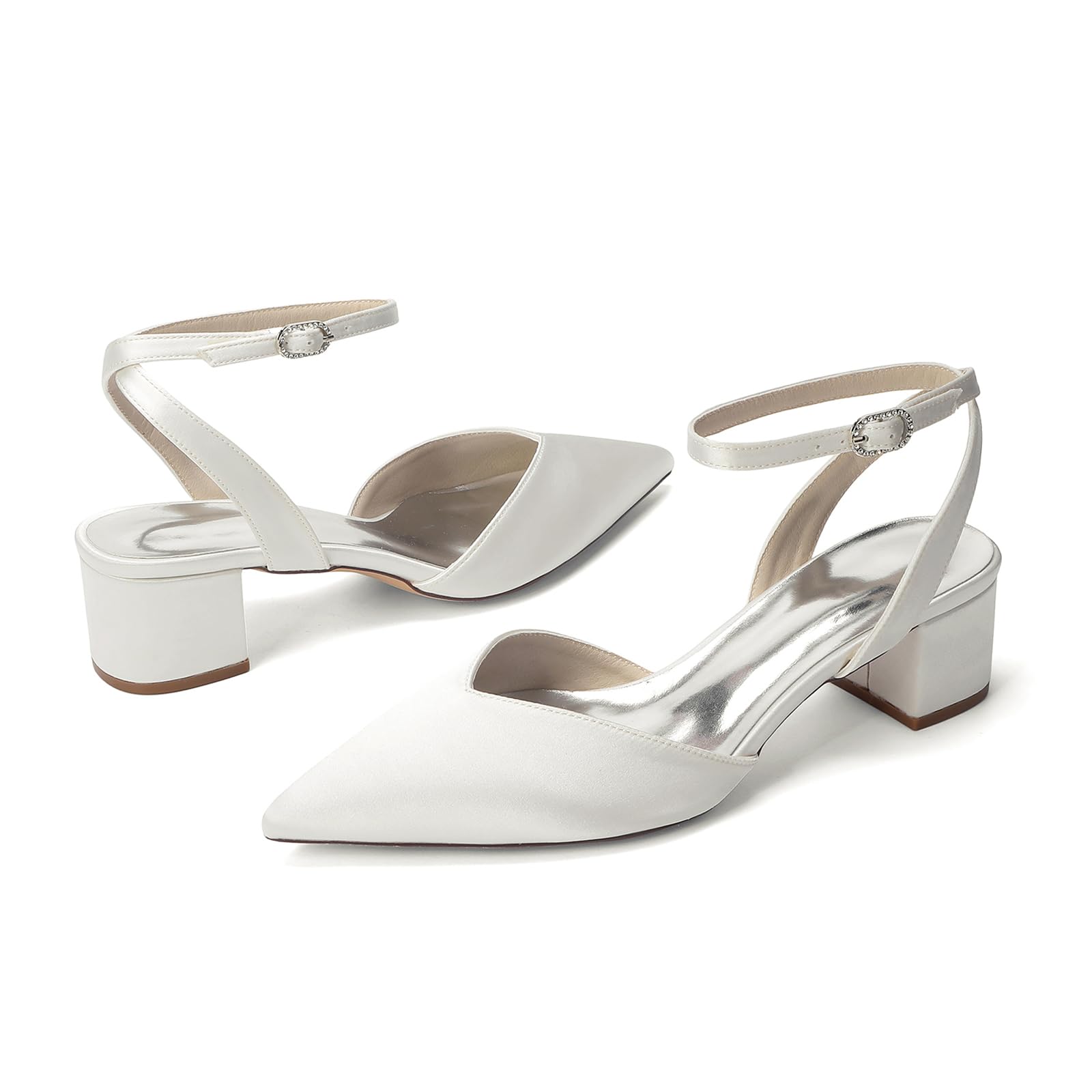Buty Ślubne Damskie Kolor Kość Słoniowa na Słupku, Satynowe Czółenka w Szpic z Cyrkoniami, Eleganckie Buty na Niskim Obcasie na Wesele Imprezę